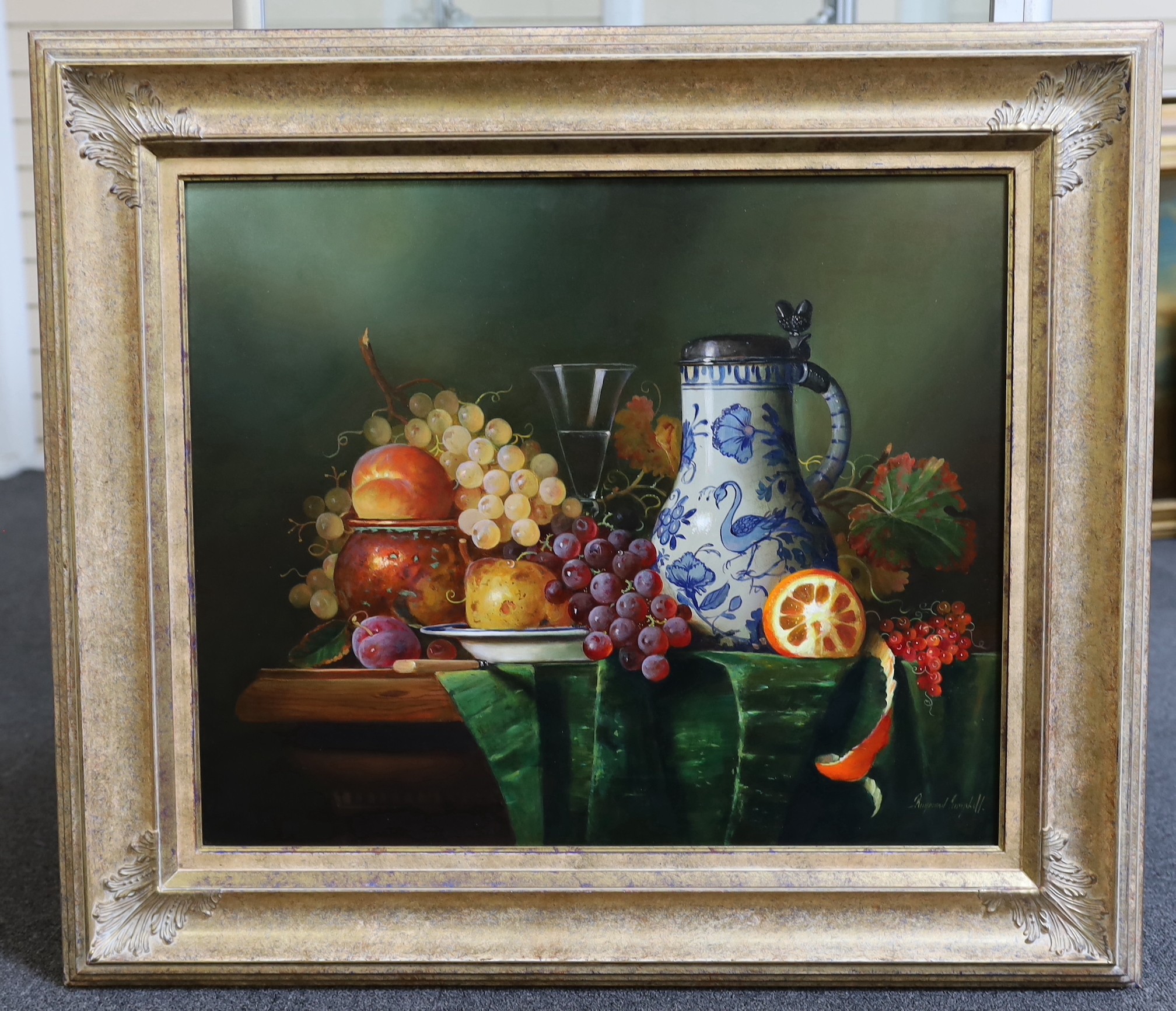 Raymond Campbell (b.1956), Still life of a delft flagon and fruit on a table top, oil on board, 50 x 60cm